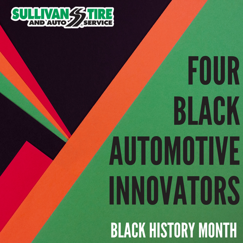 Blog title image with black history month colors and large title that reads "FOUR BLACK AUTOMOTIVE INNOVATORS"