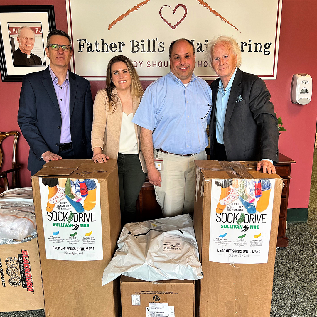 Paul Sullivan delivers socks for the homeless to the team at Father Bills and MainSpring 