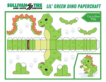 Image of Lil Green Dino papercraft project. Click to download!