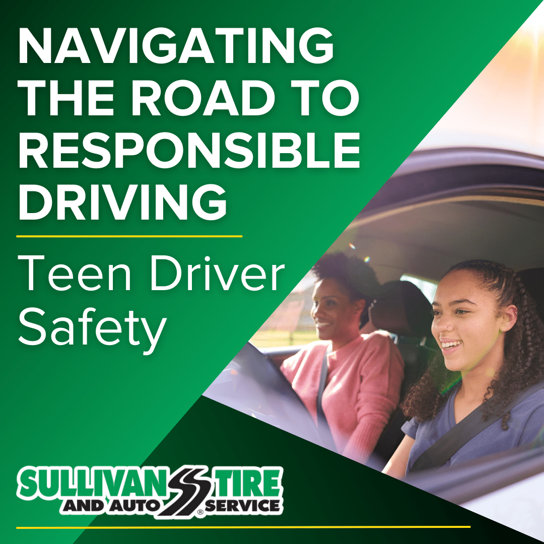 large text that reads "Navigating The Road To Responsible Driving," and "Teen Driver Safety" with a photo of a teen driver with an adult in the passenger seat.