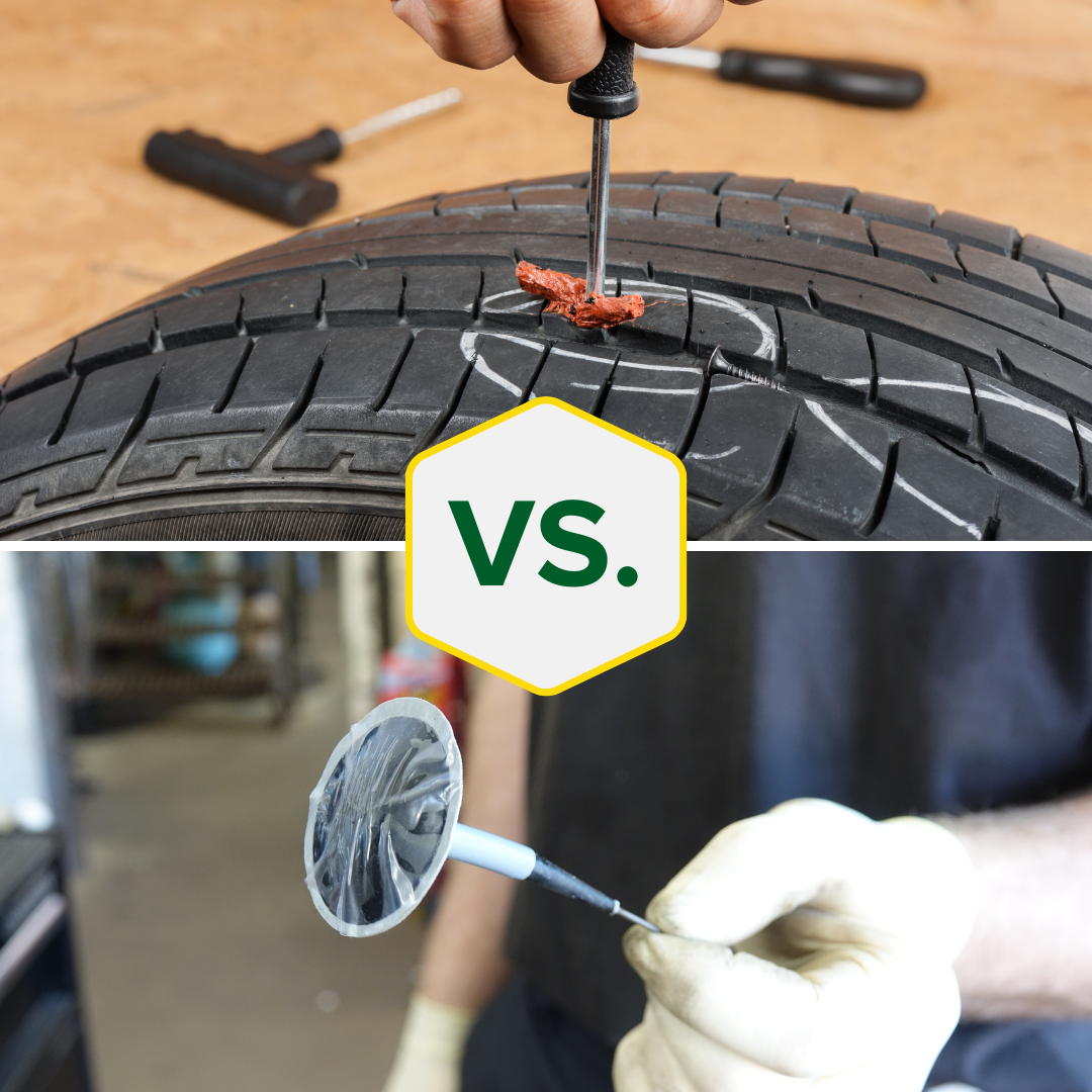 Image of a tire plug being compared to a tire plug and patch combo