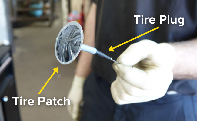 Image of a tire patch and plug combo with arrows pointing to which end is the plug and which one is the patch