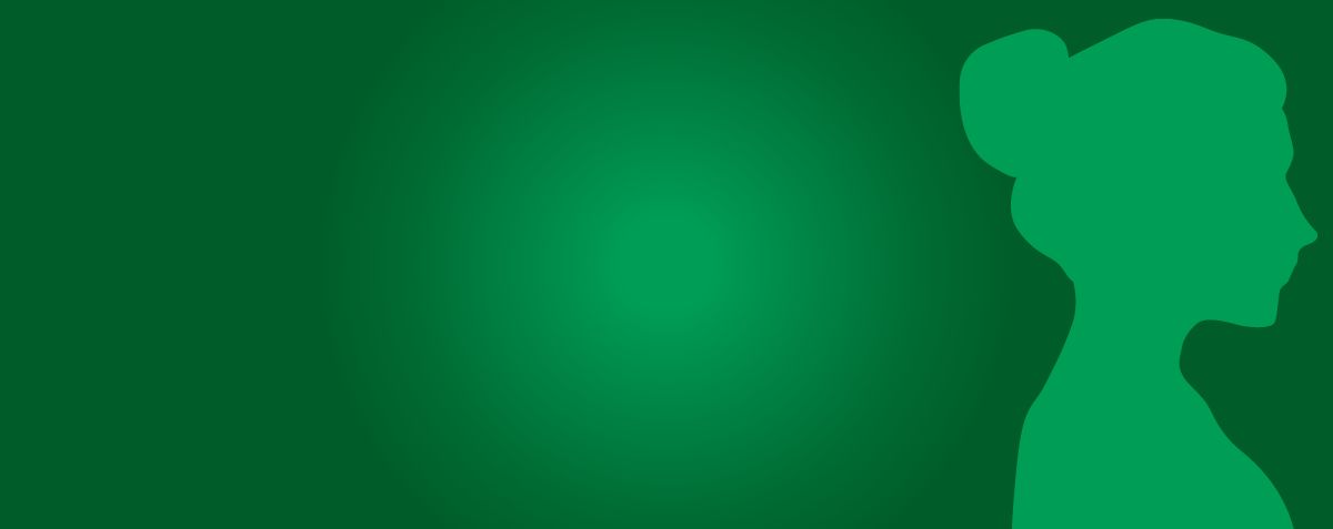 A banner image with a shadowed light spot against dark green, and the silhouette of a woman's profile in solid light green